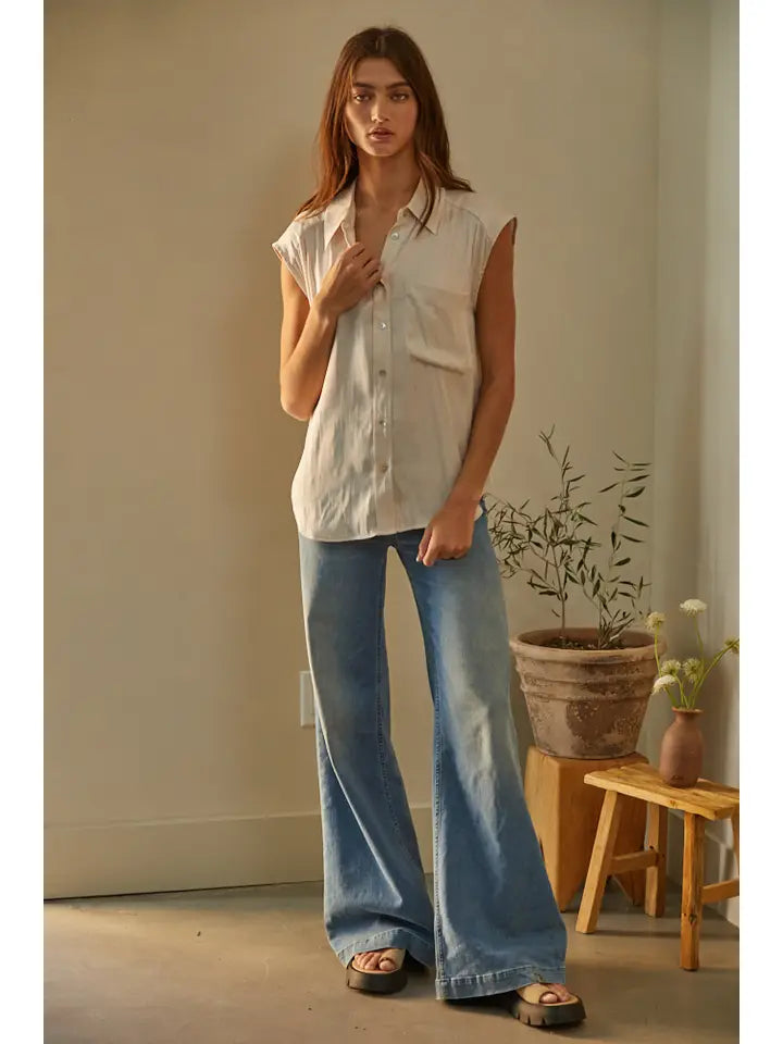 Woven Polyester Satin Sleeveless Button Down Top