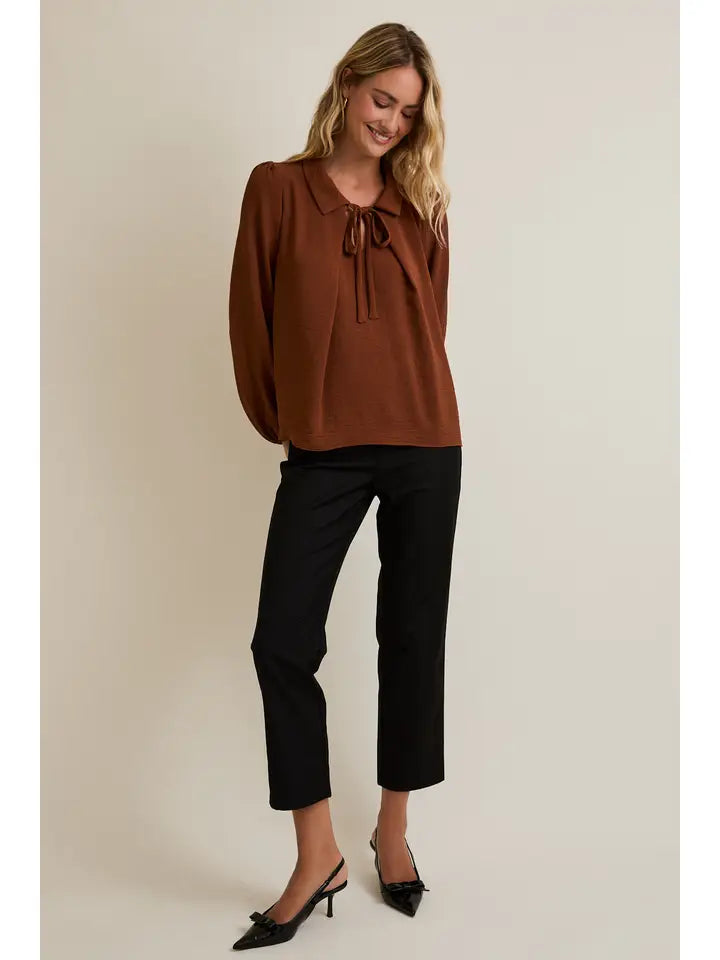 Collar Front Tie Pleated Detail Long Sleeve Top