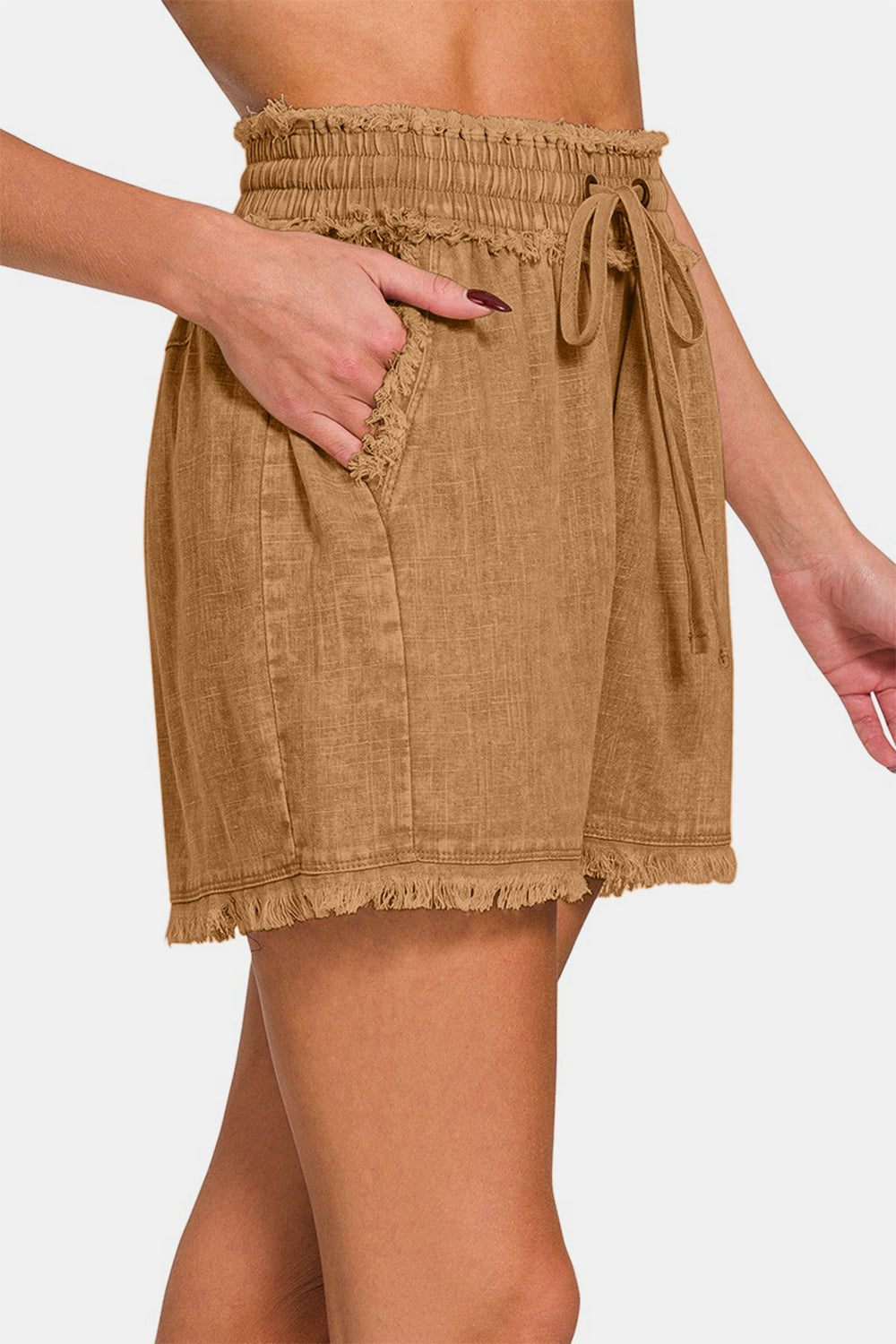 Pre-Order Zenana Washed Linen Frayed Hem Drawstring Shorts