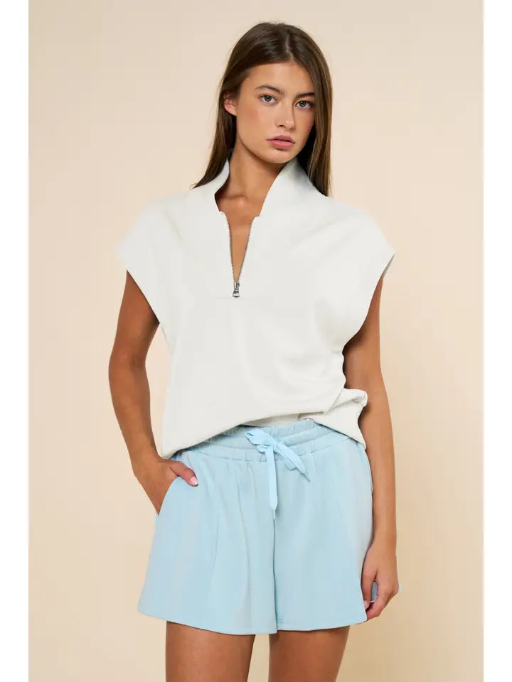 High Neck Quarter Zip Up Sleeveless Knit Top