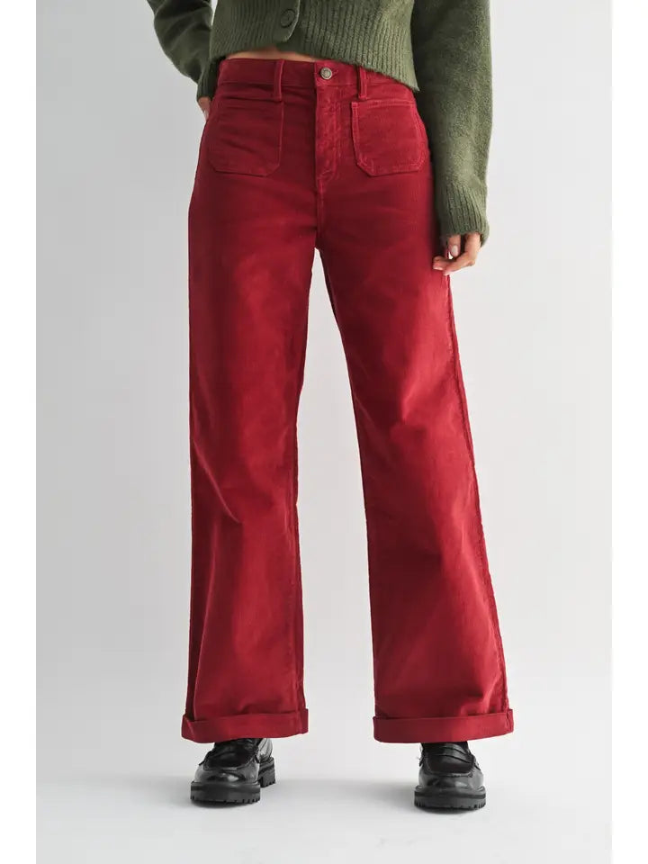 Dk Red - Corduroy Patch Pocket Wide Leg