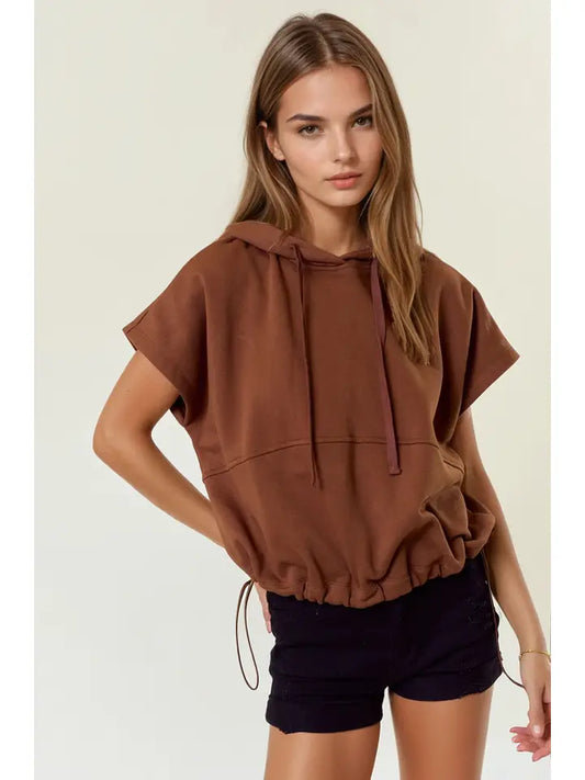 Drawstring Bottom Sleeveless Crop Length Hoodie