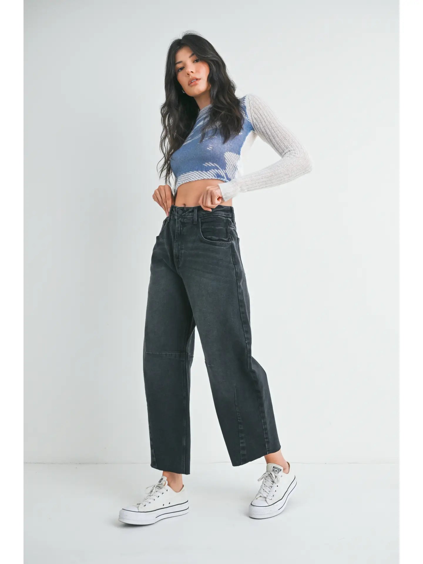 Raw Hem Barrel Jean w/ Seams - Washed Black