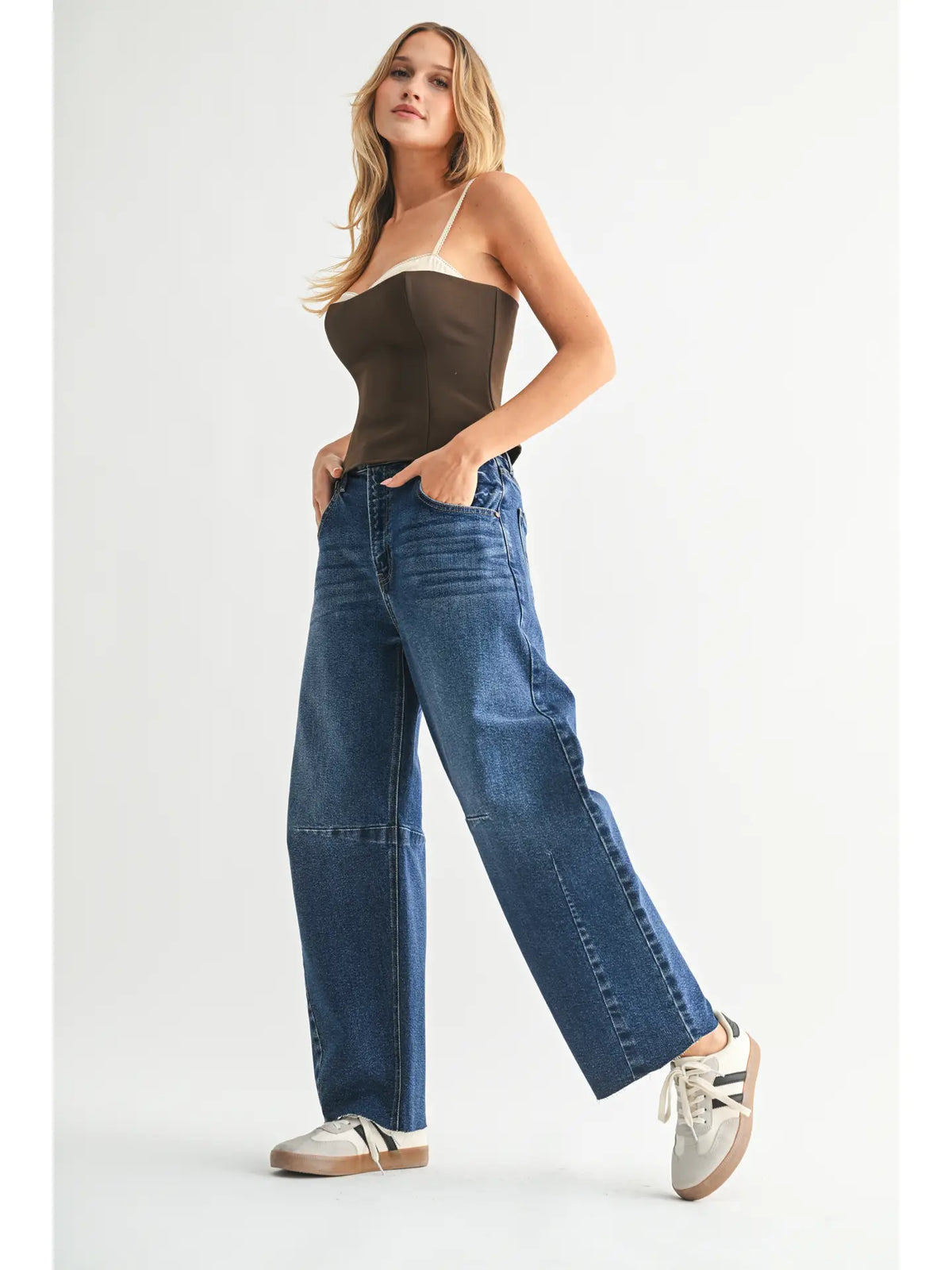 Raw Hem Barrel Jean w/ Seams - Dark Denim - BP473J