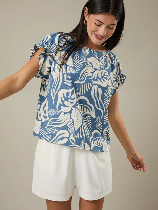 Round Neck Ruffle Puff Short Sleeve Leaf Print Top
