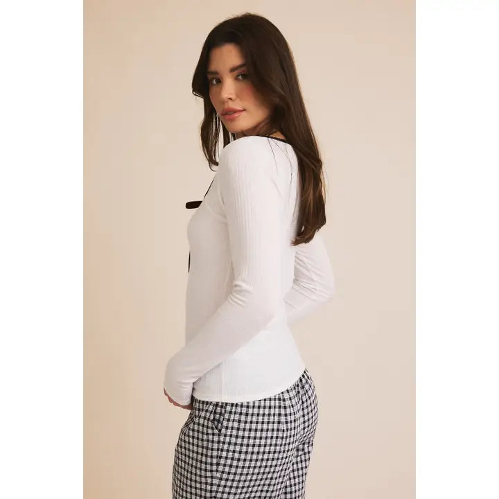Square Neck Long Sleeve Front Tie Top