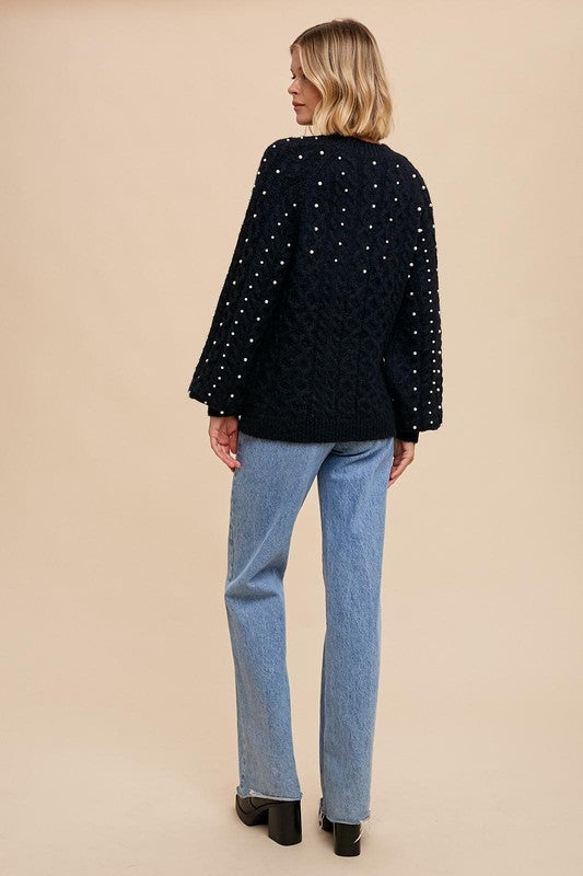 Pearl Detail Fuzzy Cable Knit Sweater
