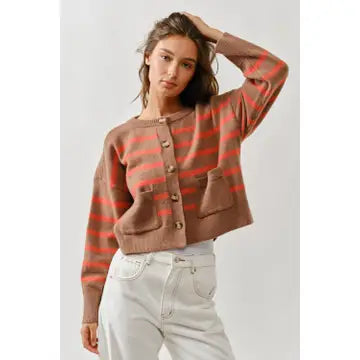 Striped Crew Neck Buttondown Cardigan