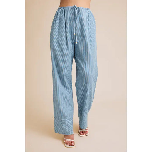 Draw String Waist Stripe Chambray Pants
