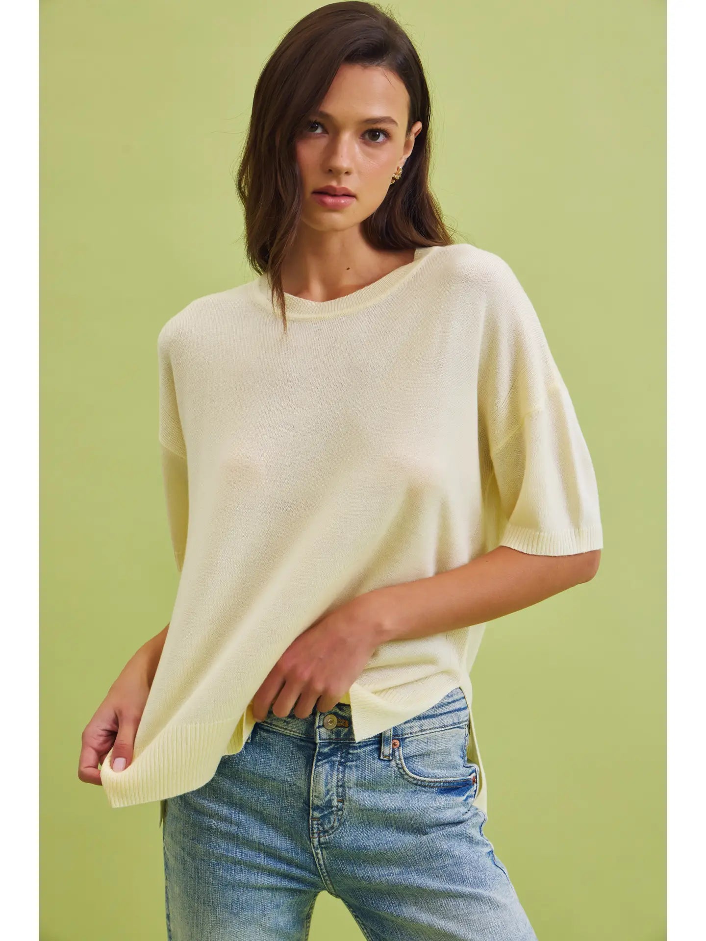 Wool Blended Boxy Fit Short Sleeve Sweater Top