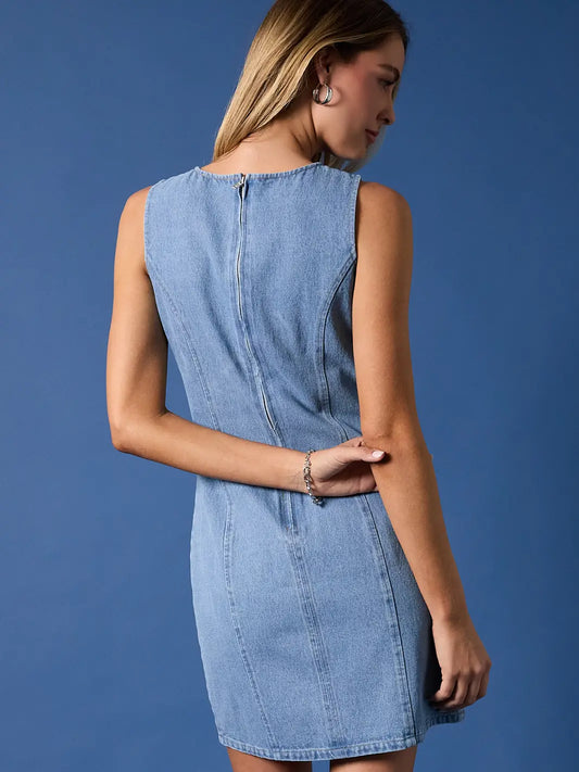 Round Neck Sleeveless Fitted Denim Mini Dress