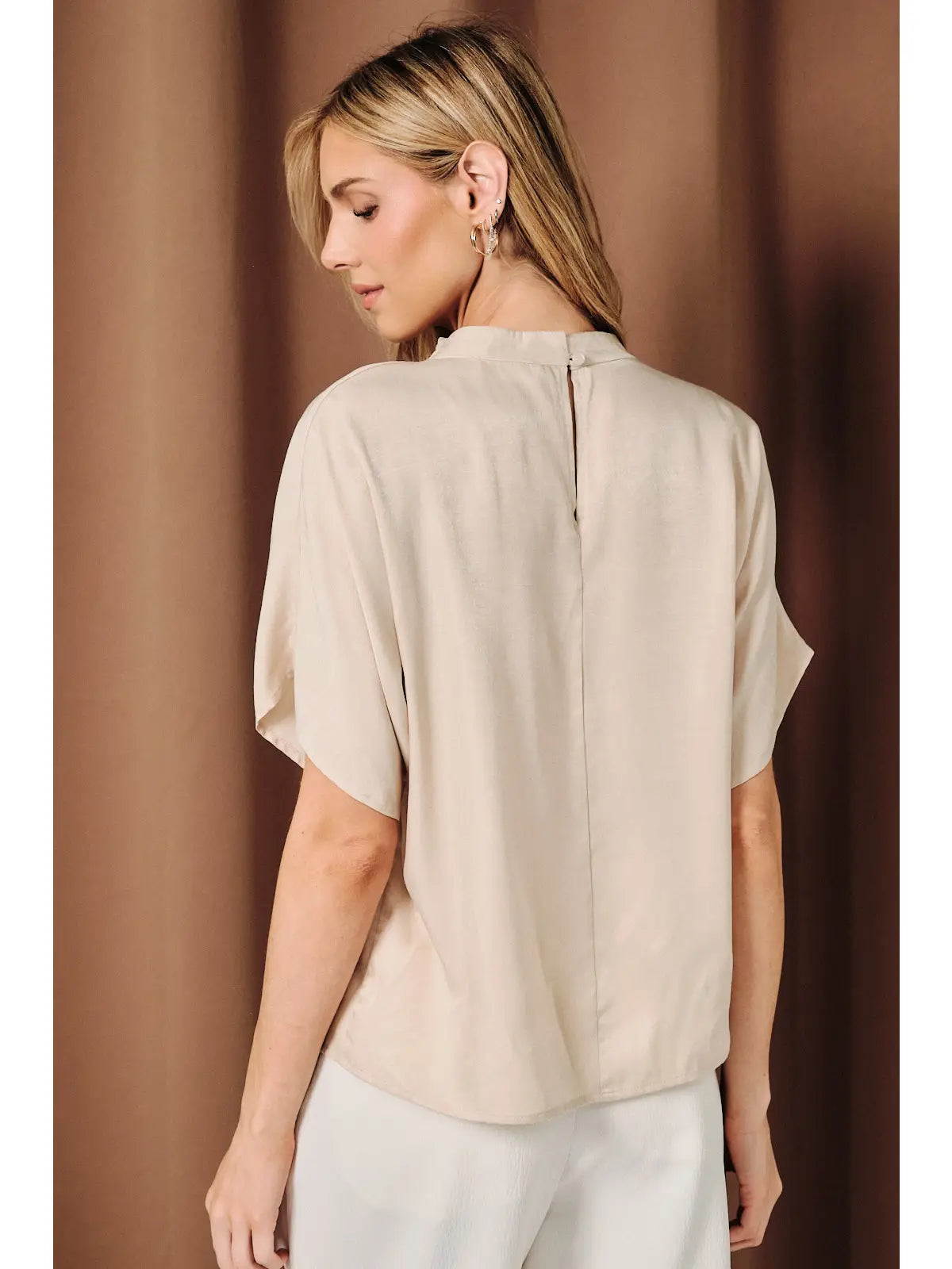 Mock Neck Dolman Short Sleeve Elegant Satin Blouse