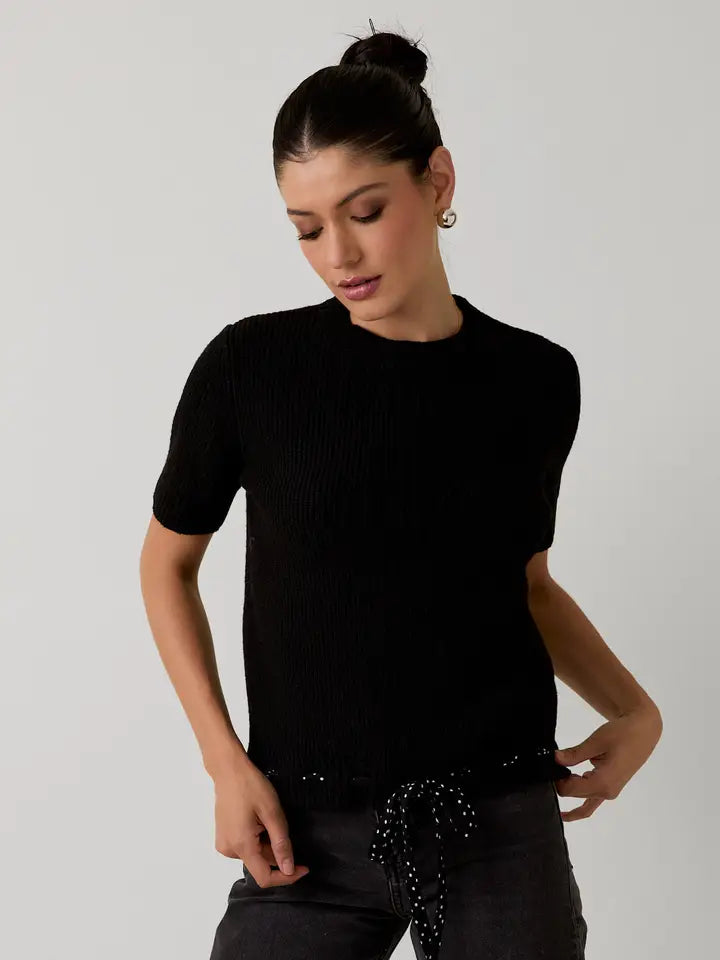 Round Neck Short Sleeve Waist Bow Tied Sweater Top