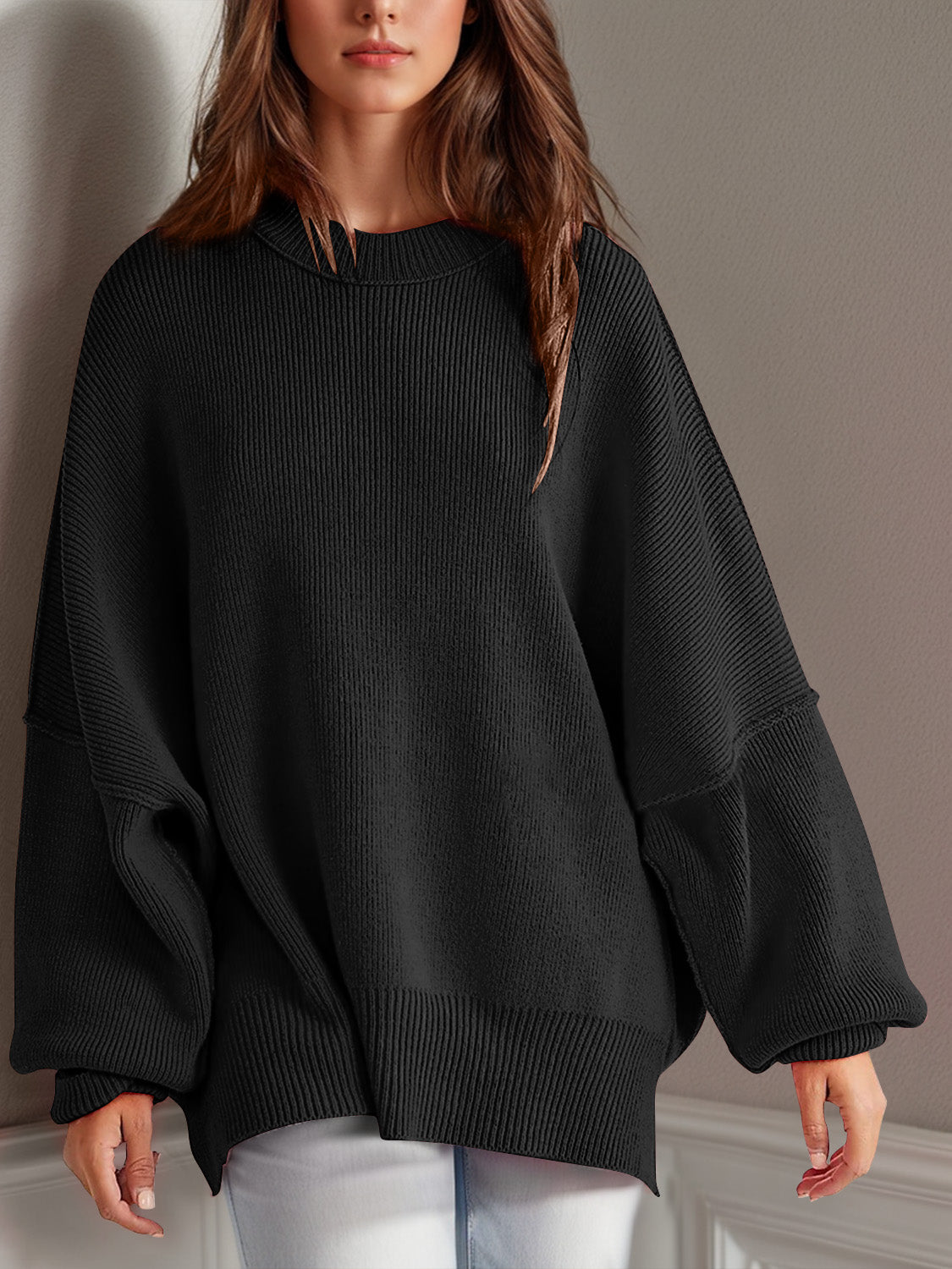 Pre - order Double Take Side Slit Round Neck Long Sleeve Sweater