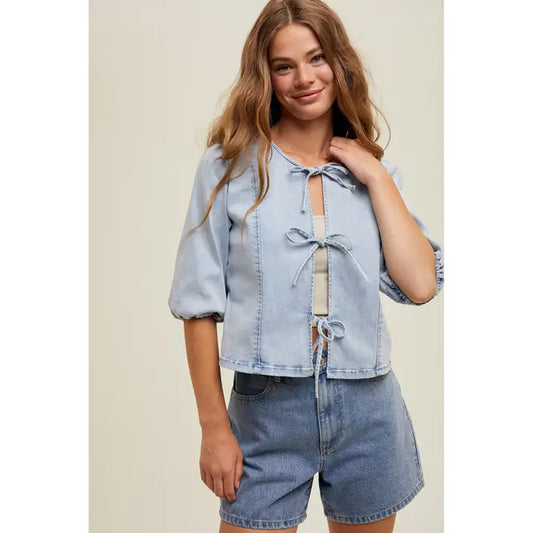 Self Front Tie Denim Top