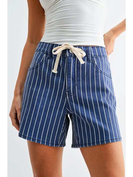 Nvy Strpe - Lightweight Tie Waist Longer Short