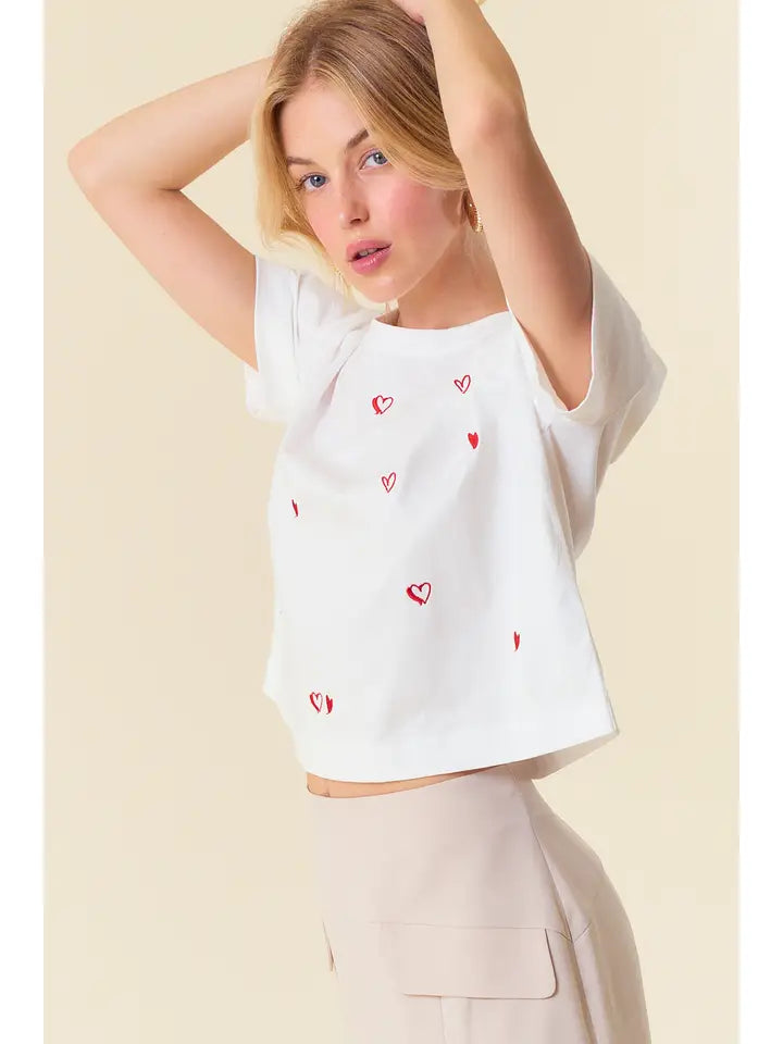 Round Neck Short Sleeve Heart Embroidered Top