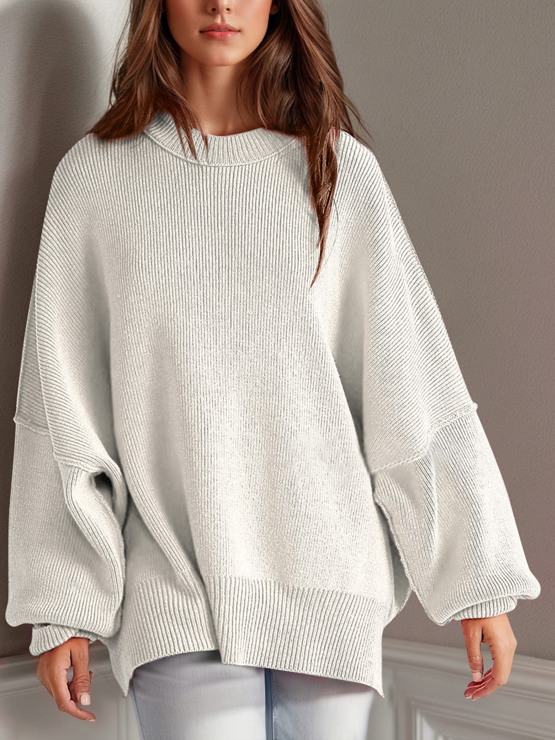 Pre - order Double Take Side Slit Round Neck Long Sleeve Sweater