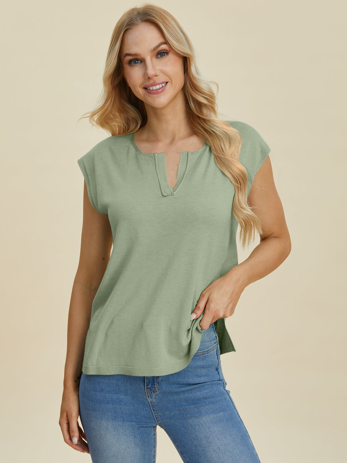 Pre-Order Double Take Full Size Notched Cap Sleeve Knit Top