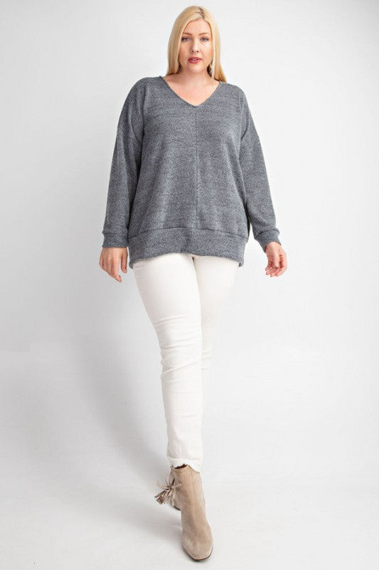 Curvy Two Tone Knit Top In Grey