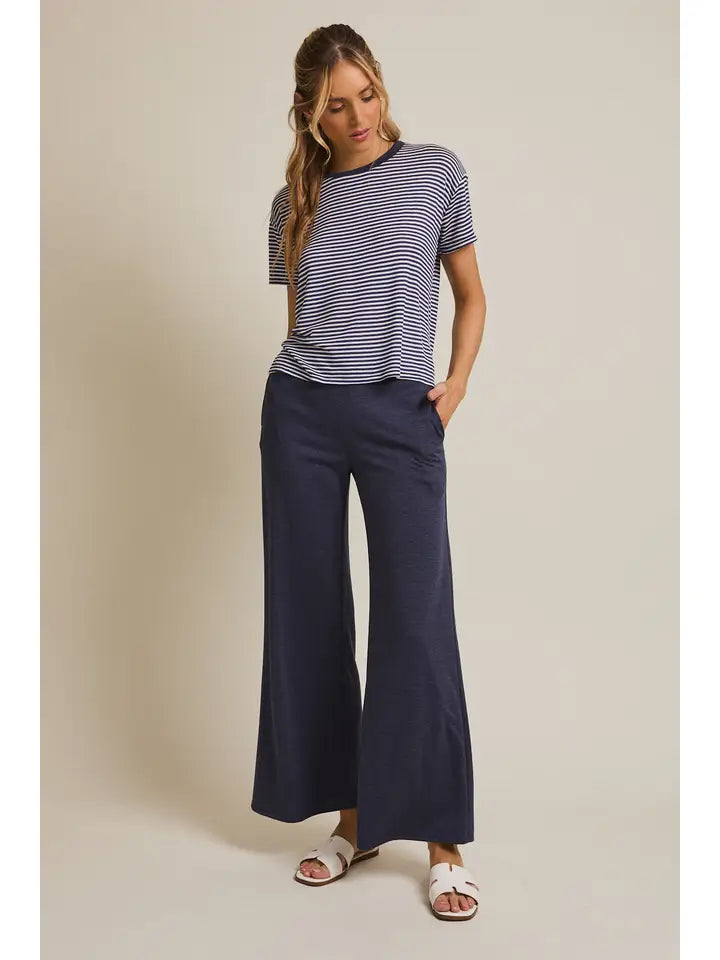 Short Sleeve Stripe Top and Waist Tie Flare Hem Pants