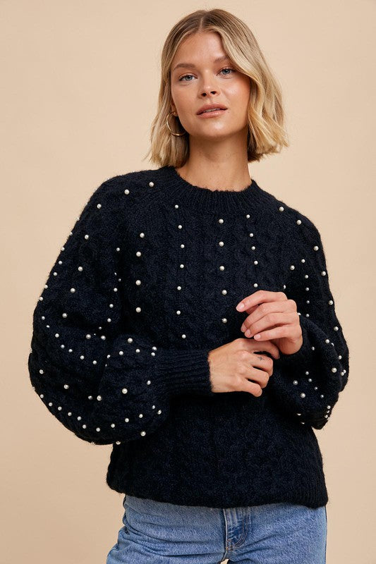 Pearl Detail Fuzzy Cable Knit Sweater