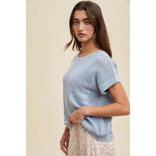 Flower Detail Open-Knit Sweater Top