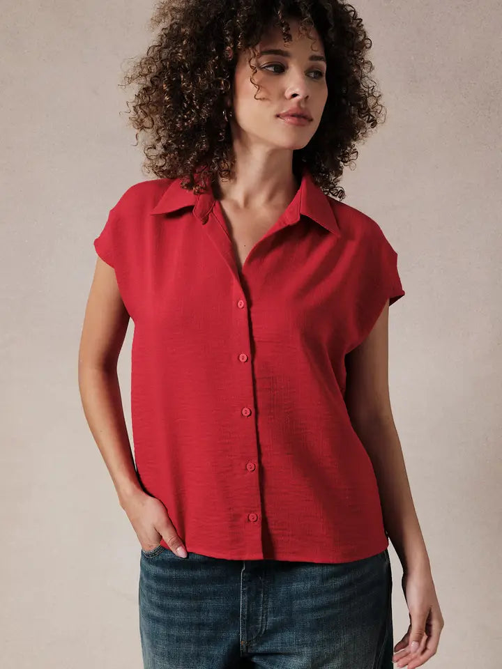 Wide Shoulder Sleeveless Button Down Shirt