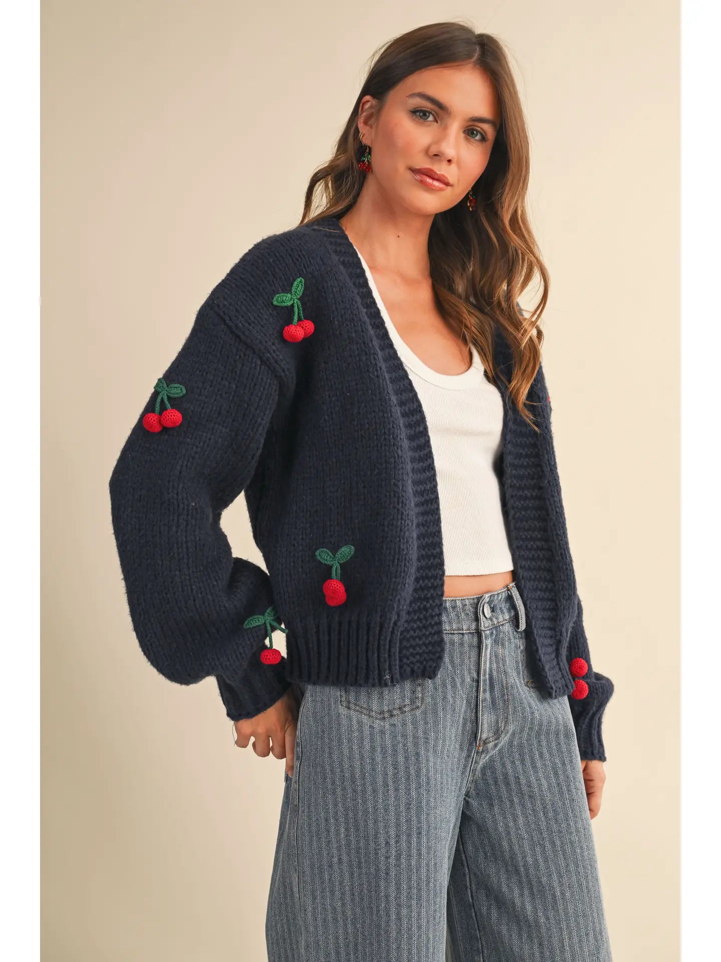 Long Sleeve Cherry Detailed Knit Cardigan