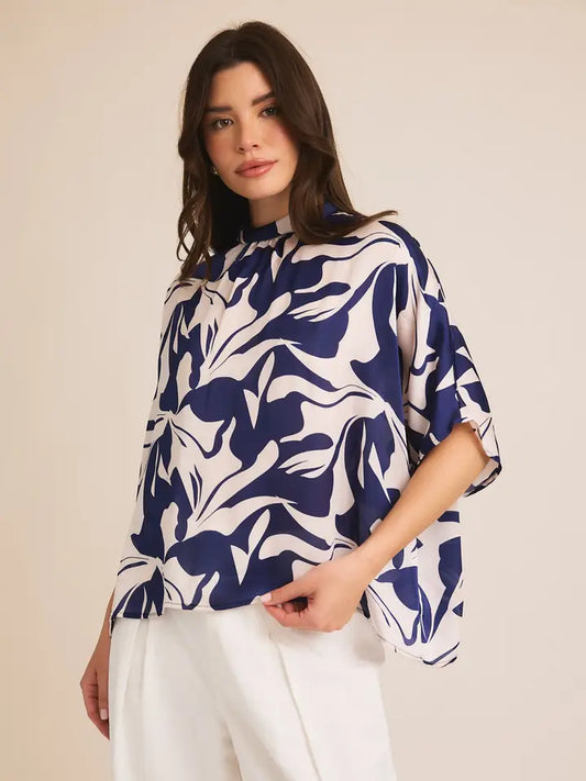 Short Sleeve Mock Neck Shirring Abstract Print Top
