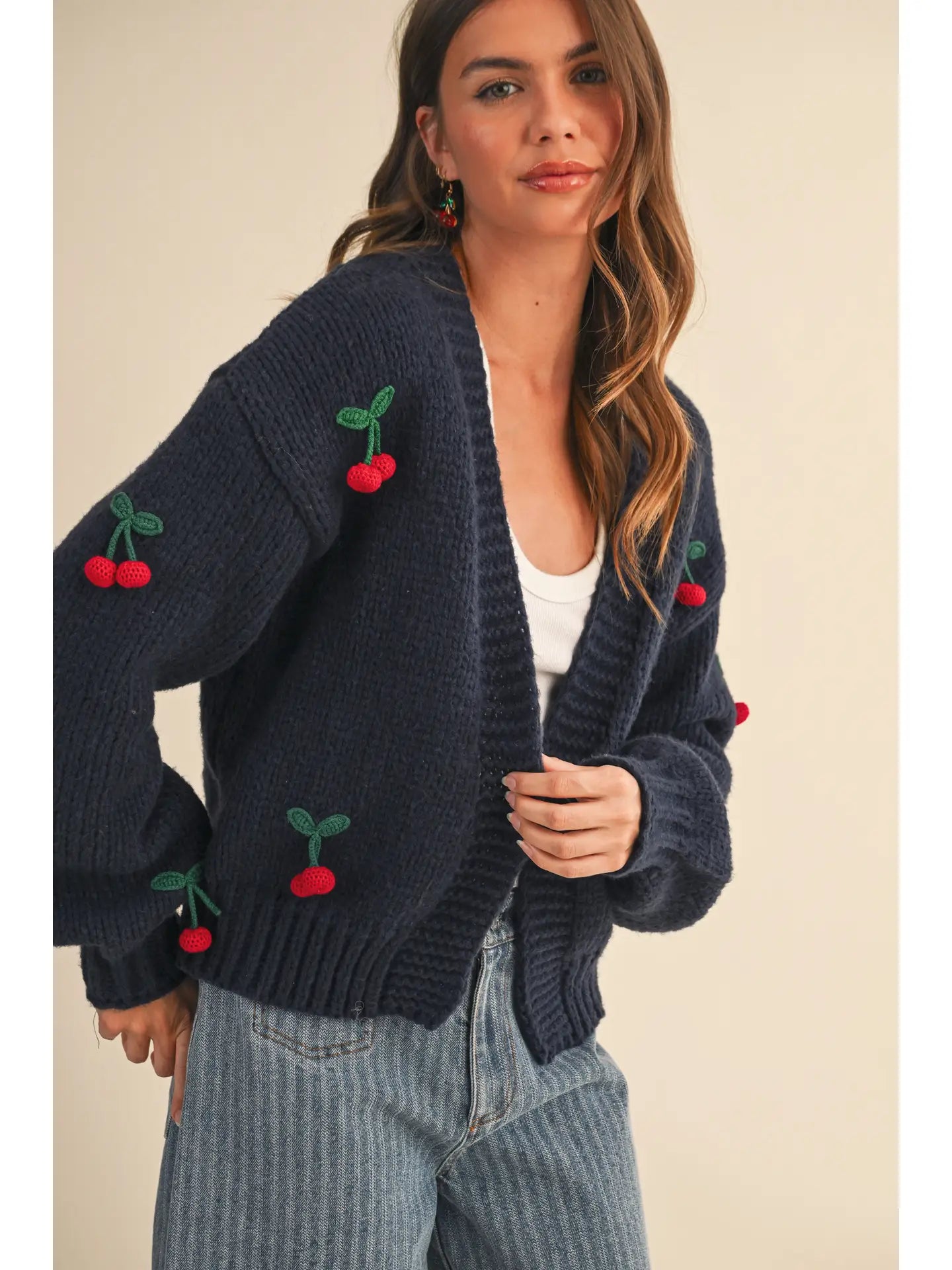 Long Sleeve Cherry Detailed Knit Cardigan