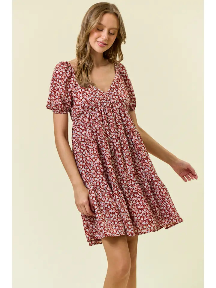 Floral Printed Tiered Mini Dress W/Side Pocket