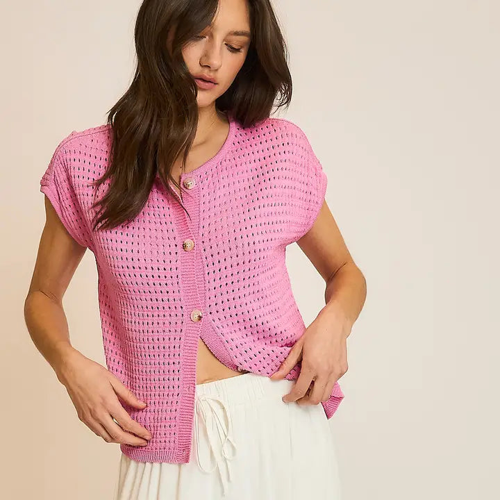 Open-Knit Button-Up Sweater Top