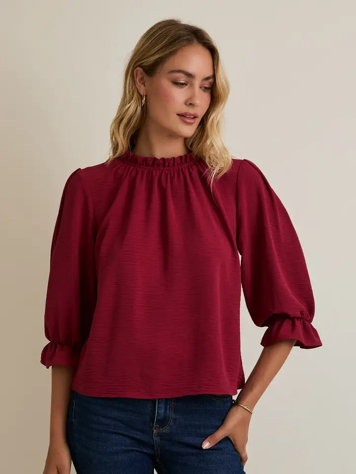 Ruffle Mick Neck 3/4 Sleeve Top