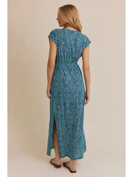 V-Neck Short Sleeve Waist Tie Tropical Print Dress