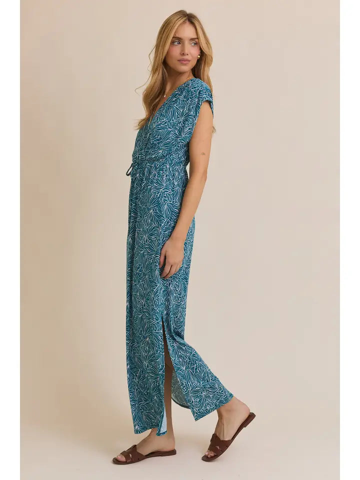 V-Neck Short Sleeve Waist Tie Tropical Print Dress