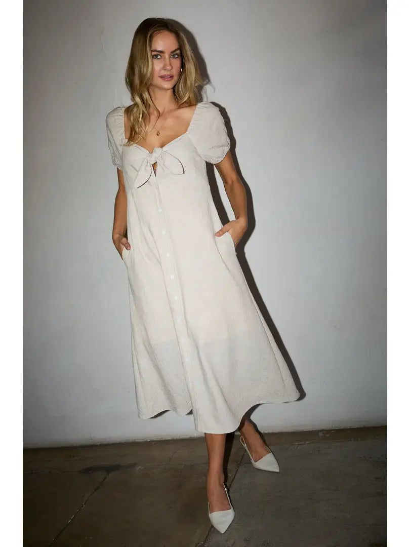 Puff Sleeve Button Down Front Tie Maxi Linen Dress