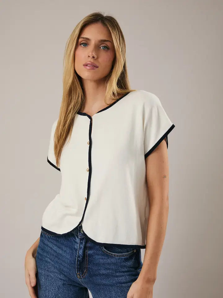 Round Neck Wide Shoulder Button Down Knit Top