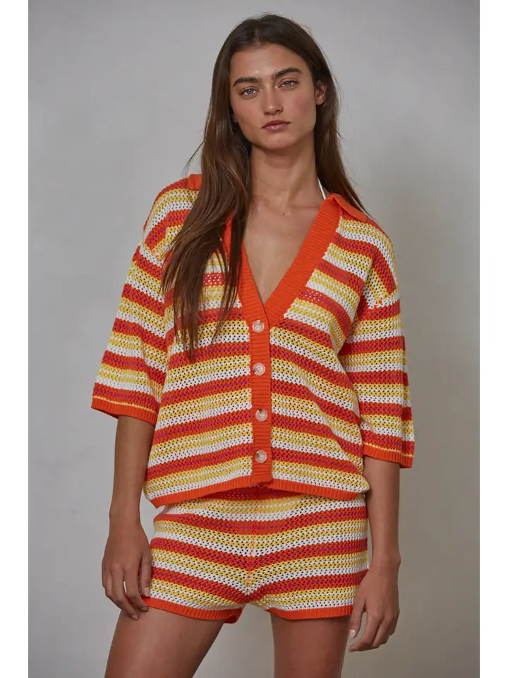 Knit Sweater Cotton Acrylic Striped Cardigan Top
