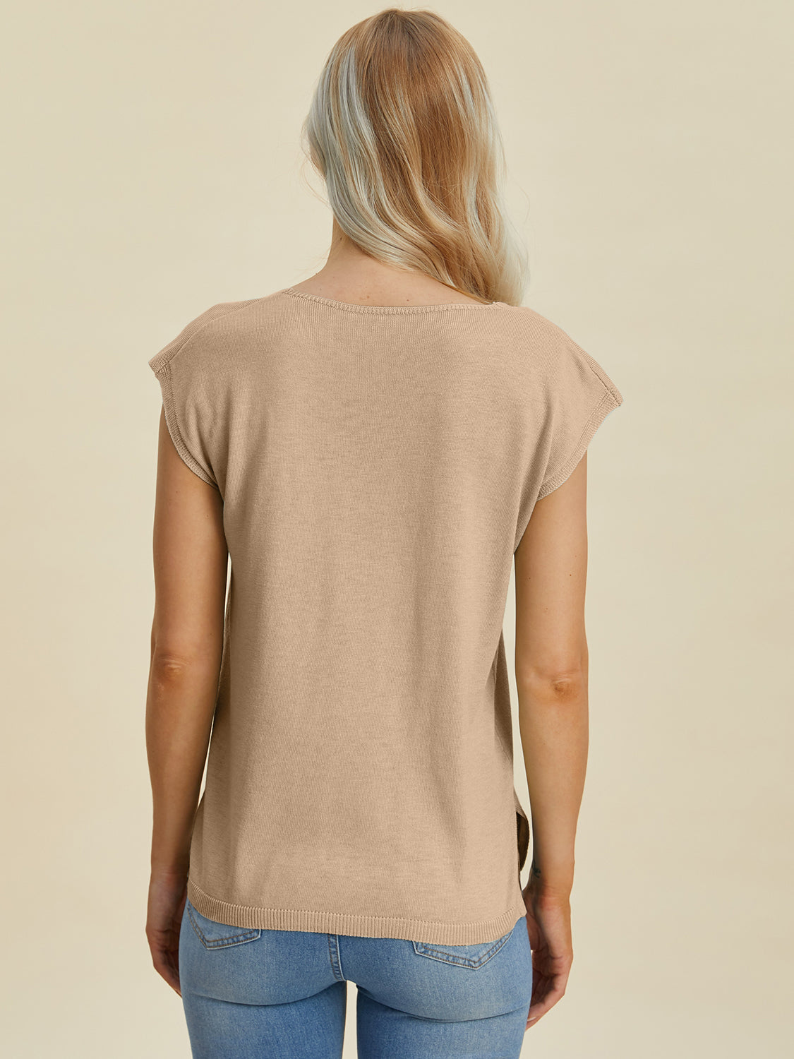 Pre-Order Double Take Full Size Notched Cap Sleeve Knit Top