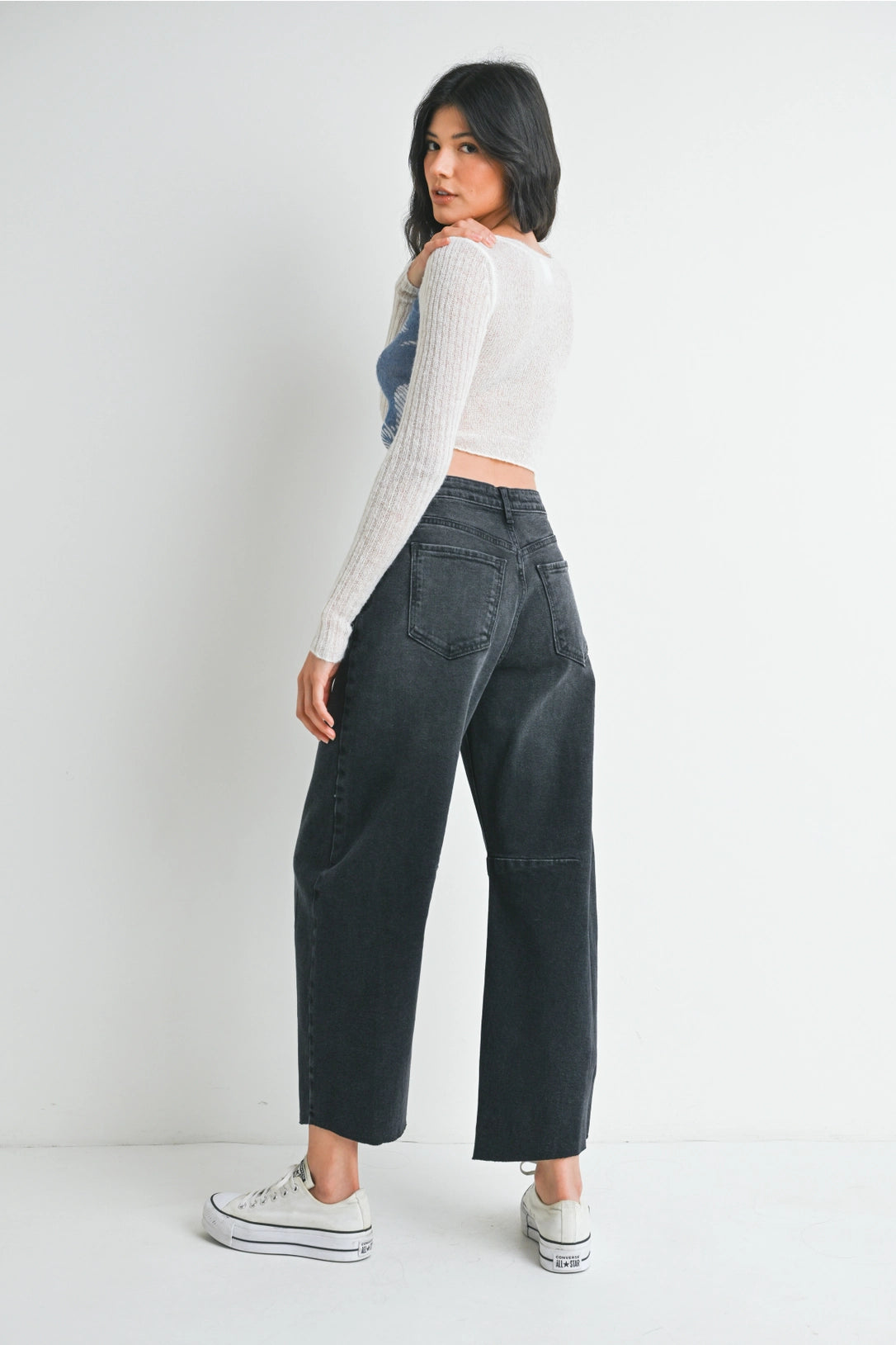 Raw Hem Barrel Jean w/ Seams - Washed Black
