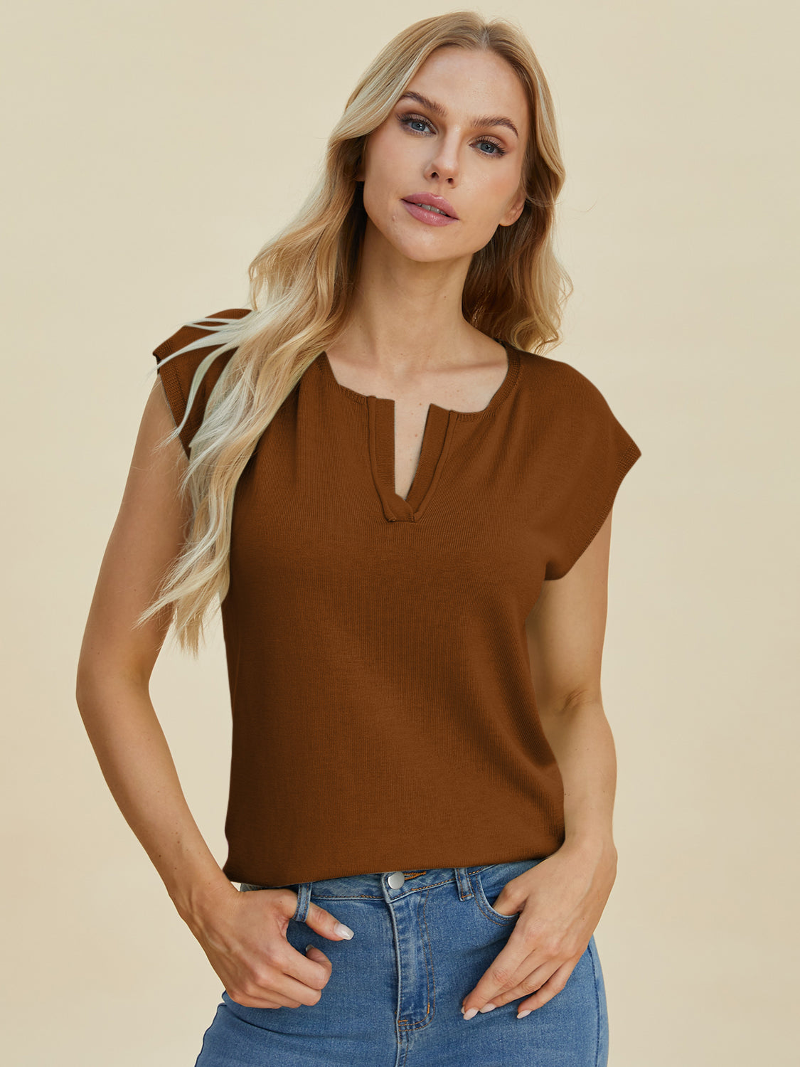 Pre-Order Double Take Full Size Notched Cap Sleeve Knit Top