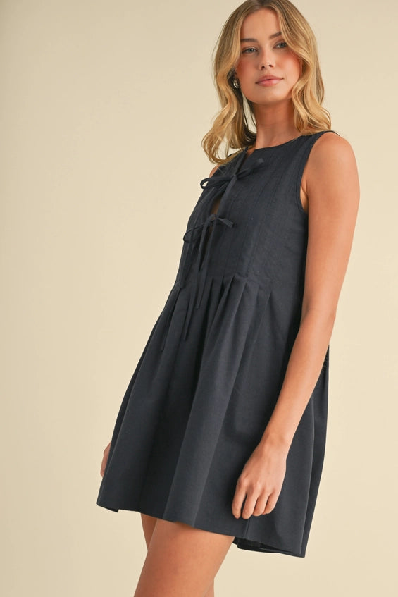 Linen Pintucked Mini Dress with Front Tie Details