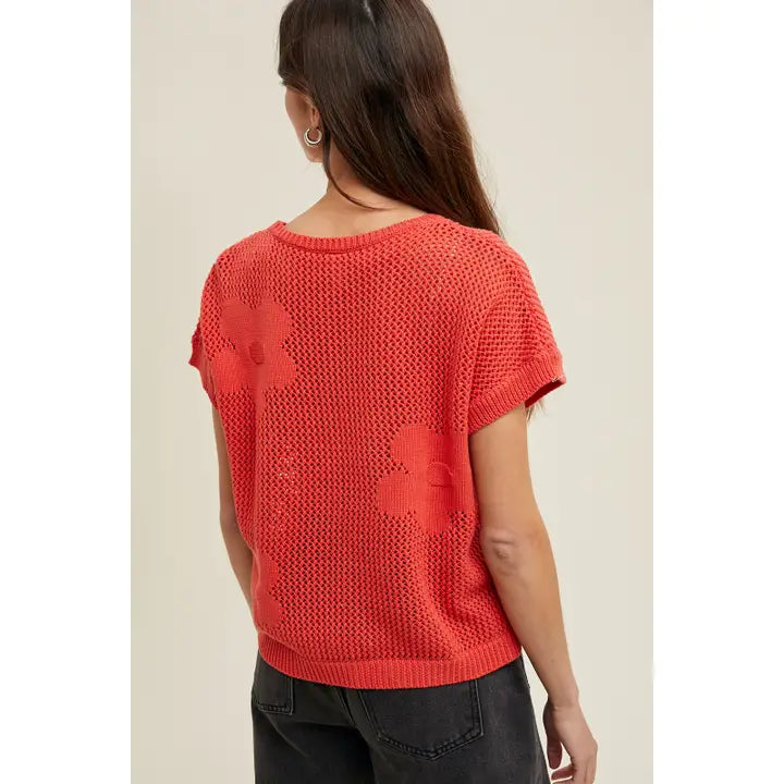 Flower Detail Open-Knit Sweater Top