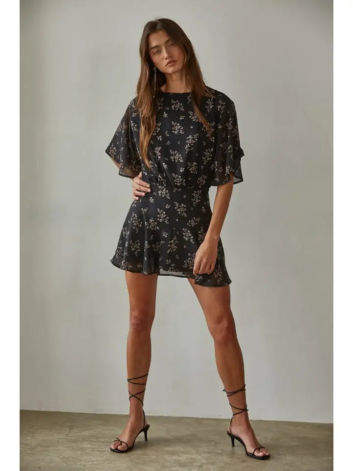 | Woven Polyester Chiffon Floral Print Mini Dress