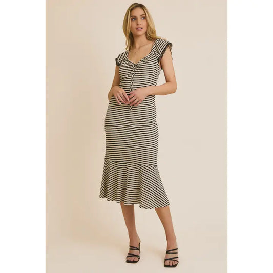Sweetheart Front Tie with Lace Trim Stripe Dress