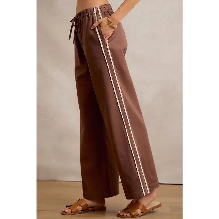 Side Lace Trim Cotton Denim Wide Leg Pull On Pants