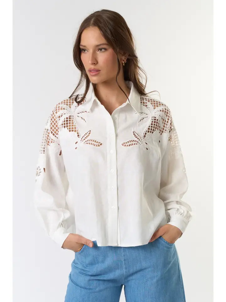 Embroidered Cutout Button Down Shirt