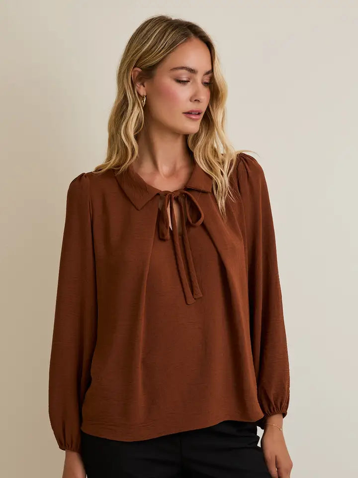 Collar Front Tie Pleated Detail Long Sleeve Top