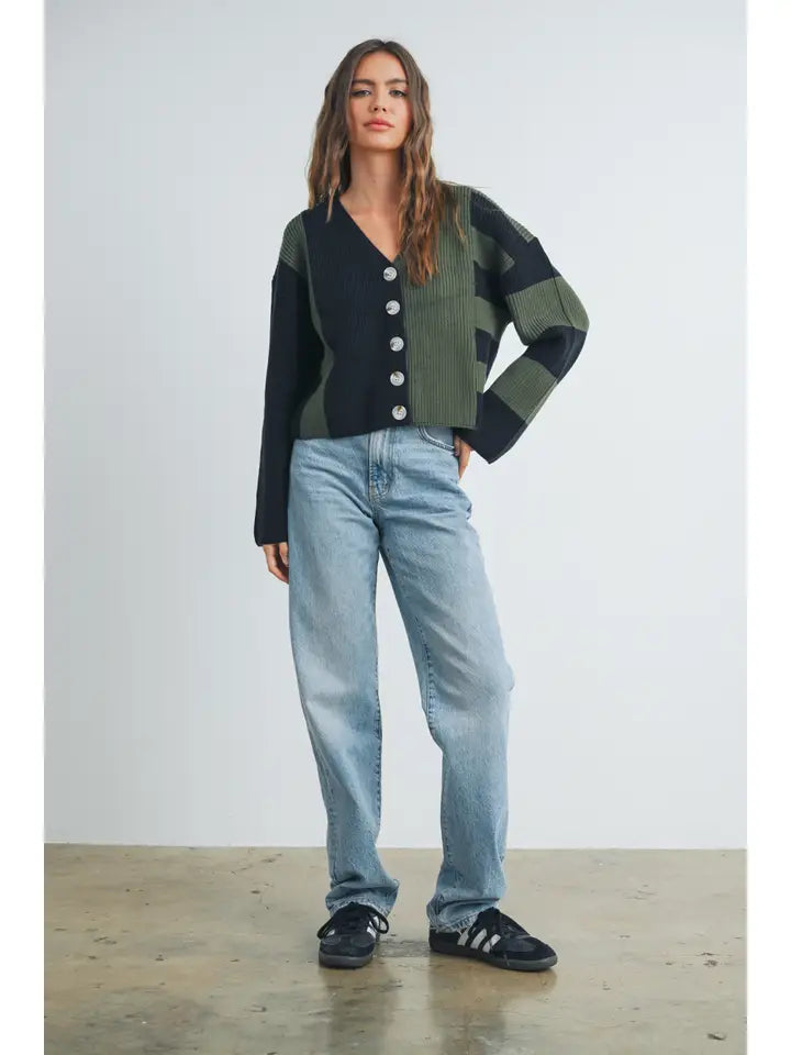 Color Block Button Down Cardigan